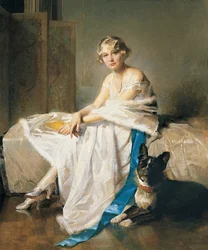 An Elegant Lady with Her French Bulldog in an Interior, c.1925