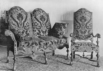 Suite of Walnut Chairs and Settee Covered in English Velvet