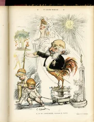Illustration of Charles Leandre in Le Rire, 22/10/04 - Un grand mariage - Marriage - Coq, Meyer Arthur - Animalisation