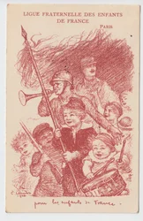 Postcard, Satirical in Colors: Ligue fraternelle des enfants de France - War of 14-18, Childhood, Patriotic Days Illustration by Charles Leandre (1862-1934)