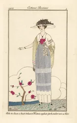 Woman in linen dress with pearl English lace, black and white slippers