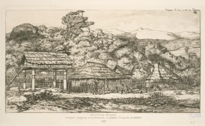 Indigenous Granaries and Dwellings at Akaroa, Banks Peninsula, Illustration from 