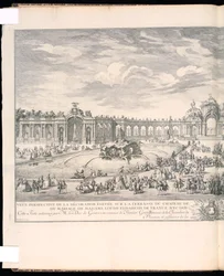 Bound Print, Perspective view of the decoration erected on the terrace of the Palace of Versailles for the illumination and fireworks displayed on the occasion of the marriage of Madame Louise-Élisabeth of France to Don Philip the Second, Infante of