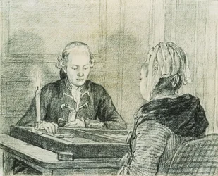 A Seated Couple, the Lady seen from Behind, playing Backgammon by Candlelight