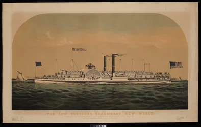The Low Pressure Steamboat New World. Running on the Hudson River, between New York and Albany