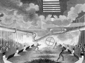 General View of a Gas Works, Showing Retorts Being Charged, 1835