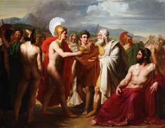 Achilles presents the prize of wisdom to Nestor during the funeral games