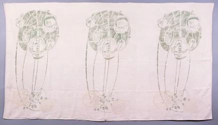 Panel of three stylised rose motifs in green and cream, for one back of a corner settle in the Drawing Room at 14 Kingsborough Gardens, c.1900