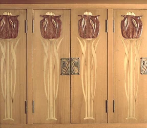 Detail of carved inlay on cabinet, made by the Guild of Handicraft, c.1898-99
