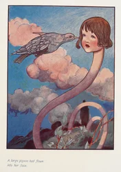 A large pigeon had flown into her face. Alice with a long neck
