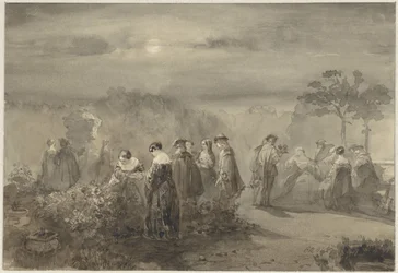 Company of Ladies and Gentlemen in a Moonlit Garden with Rose Bushes