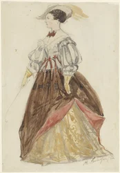 Woman in Rich Costume, Wearing a Hat and Holding a Whip
