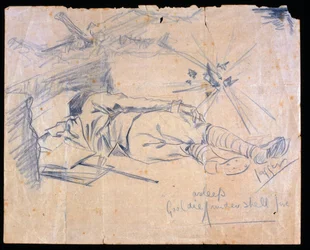 Lieutenant Leslie Gooldie asleep under shell fire, 1915
