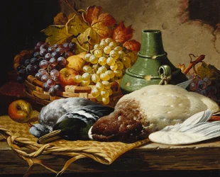 A Mallard and a Woodpigeon with a Basket of Apples and Grapes on a Wooden Ledge