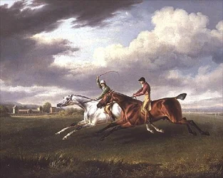 Two Racehorses with Jockeys up, Exercising in a Landscape