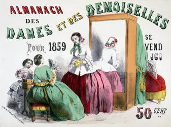 Advertising poster for the Almanach of Ladies and Ladies for 1859 (young girls talking rags in front of an ice cabinet), 50 cents