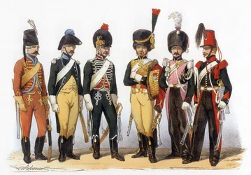 Costumes of the French army: Lancers g-d: 1745 file hunter (under Louis XV); 1785 under Louis XVI; 1794 republic; 1810 imperiale guard (1st empire); 1824 royal guard (restoration); 1840