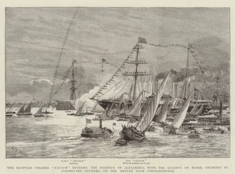 The Egyptian Steamer Fayoum entering the Harbour of Alexandria with the Khedive on Board, escorted by Coastguard Cruisers, on the Return from Constantinople