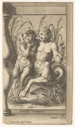 Two tritons embracing, one playing a panpipe, the second holding a conch shell set within, 1579