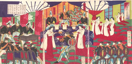 Illustration of the Commanders who Pacified Western Japan, Receiving the Emperor