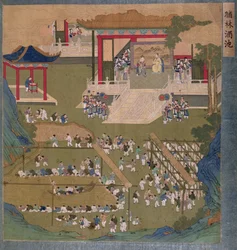 Ancient Chinese Emperor and Empress Holding Court Before Courtiers Boating in and Drinking from a Pond of Rice Wine and Helping Themselves to Flitches of Bacon