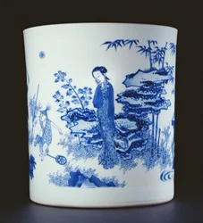 Blue and white brushpot painted with a lady and boys playing on hobbyhorses in a garden, Chongzheng, 1630-44