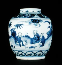 Blue and white jar painted with boys with a hare, Wanli or Chongzheng, 1600-30