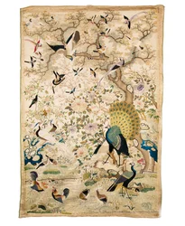 Embroidered panel with a pair of peacocks and numerous other birds beneath a gnarled tree with peonies and prunus blossom, Canton