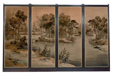 Four-Fold Screen with Velvet Panels, Woven with a River Landscape in Grisaille Tones