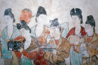 Offering of gifts, wall painting from the tomb of Wu Tse Tien, Chien tombs, Tang Dynasty, China, Shan Xi, 8th century