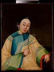 Portrait of a Court Lady, Seated Half Length in an Embroidered Robe, Holding a Flower