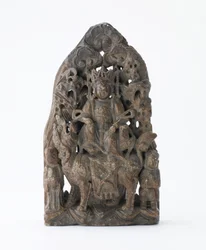 Small soapstone tablet, with pierced relief of Manjusri on lion, Period of Division, 543 AD