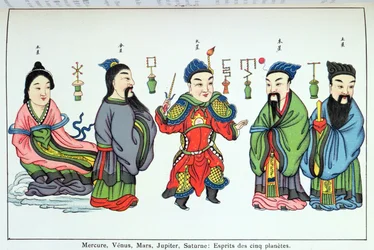 The spirits of the five planets, Mercury, Venus, Mars, Jupiter and Saturn, from Recherche sur les superstitions en Chine by Father Henri Dore, published in 1911