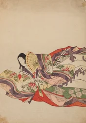 Seated Court Lady, Leaning Forward with a Fan, Plate from the Album: Nishiki-zuri onna sanju rokkasen e-zukushi