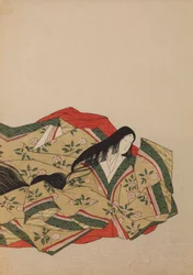 Lady-in-waiting Sitting in an Olive-Grey Robe with Cherry Blossom Motif, Plate from Album: Nishiki-zuri onna sanju rokkasen e-zukushi