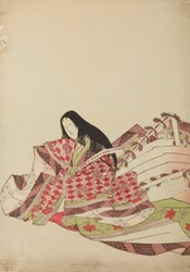 Lady of the Court Sitting in a White and Red Diamond Robe, Plate from the Album: Nishiki-zuri onna sanju rokkasen e-zukushi