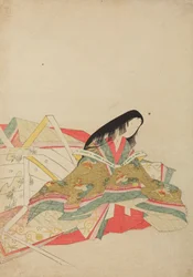 Lady of the Court Sitting in a Robe with Hoo Bird Pattern, Plate from the Album: Nishiki-zuri onna sanju rokkasen e-zukushi