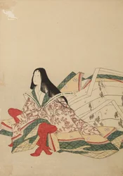 Lady-in-waiting Sitting, Leaning on a Kyosoku, Plate from Album: Thirty-Six Poetesses / Nishiki-zuri onna rokkasen e-zukushi