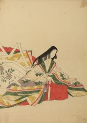 Court Lady Sitting, Leaning on a Fan, Plate from Album: Nishiki-zuri onna sanju rokkasen e-zukushi