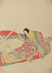 Seated Court Lady with a Yellow Fan, plate from the album: Thirty-six Female Poets / Nishiki-zuri onna sanju rokkasen e-zukushi