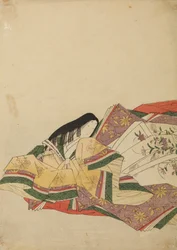 Lady of the Court Sitting, Turned Left, Plate from Album: Nishiki-zuri onna sanju rokkasen e-zukushi