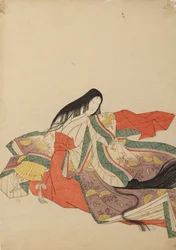 Seated court lady, facing left, plate from the album: Nishiki-zuri onna sanju rokkasen e-zukushi