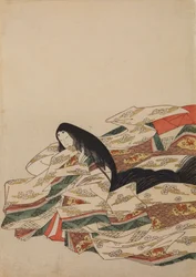 Seated Court Lady, Turned to the Left, Plate from the Album: Nishiki-zuri onna sanjū rokkasen e-zukushi