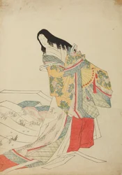 Standing court lady with a fan, plate from the album: Nishiki-zuri onna sanju e-zukushi