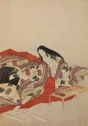 Court Lady with a Brush at the Table, Plate from the Album: Thirty-Six Female Poets