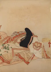 Court Lady with a Fan, plate from the album: Thirty-Six Female Poets / Illustrated Collection of Thirty-Six Female Poets in Brocade Print