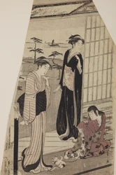 Two Women and a Girl with a Kitten on the Threshold of a House