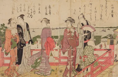 Two Strolling Couples, a Woman and a Little Boy on a Terrace by the Sea