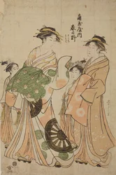 Oiran Katsugano from the House of Kadotama-ya with a Companion and Two Kamuro