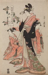 Oiran Seyama from the Matsuba-ya house with her kamuro Iroka and Yukari, from the series: Opening celebration of the new Matsuba-ya house